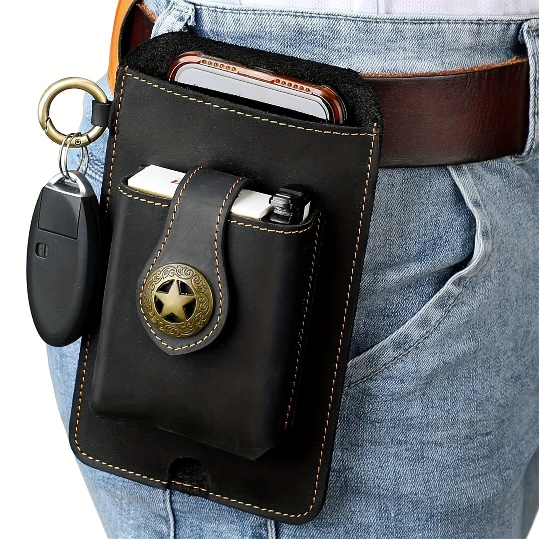 (image for) Ekphero Men's Vintage Genuine Leather Belt Bag, Multifunctional Waist Bag with Key Hook, Mobile Phone Bag For Work Outdoor Sports